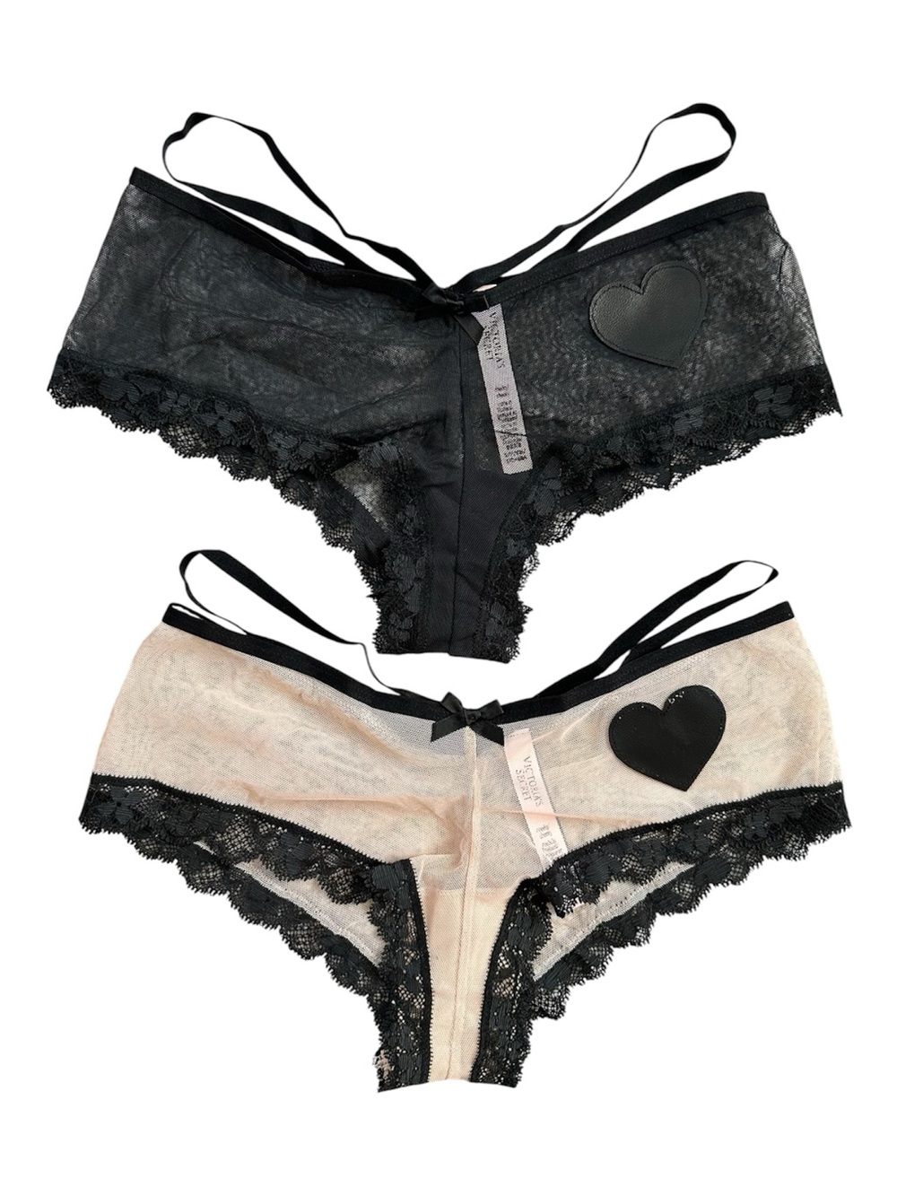 Victoria’s Secret Sheer Mesh Strappy Heart Cheeky Panty Lot Set of 2 NEW